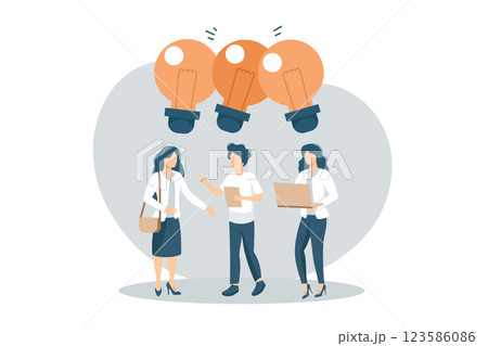 Businessmen people office workers team up share lightbulb lamp idea. Sharing business ideas, collaboration meeting, sharing knowledge, teamwork or people thinking the same idea, smart thinking. 123586086