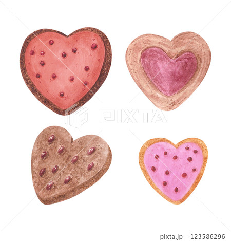 Hand drawn watercolor heart chocolate cookies. Illustration of food isolated on white background. Can be used for postcard, label, scrapbook and other printed products. Hand drawn watercolor heart chocolate cookies. Illustration of food isolated on white background. Can be used for postcard, label, scrapbook and other printed products. 123586296