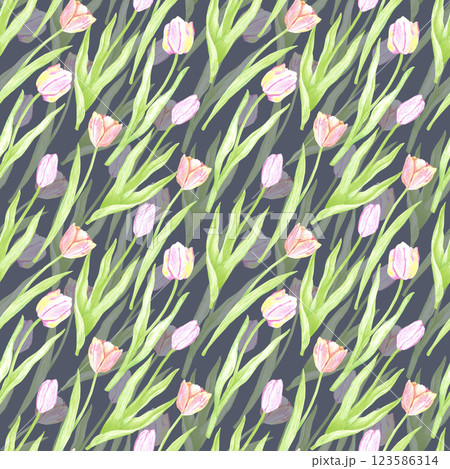Hand drawn watercolor tulips with green leaves seamless pattern. Illustration of flowers isolated on blue background. Can be used for textile, fabric, wrapping and other printed products. 123586314