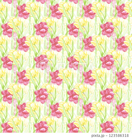 Hand drawn watercolor scarlet and yellow tulips with green leaves seamless pattern. Illustration isolated on white background. Can be used for textile, fabric, wrapping and other printed products. 123586318