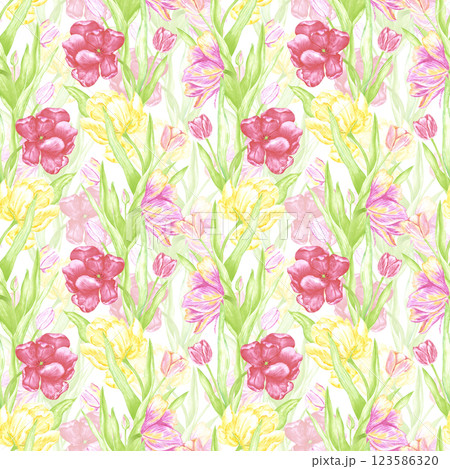 Hand drawn watercolor scarlet and yellow tulips with green leaves seamless pattern. Illustration isolated on white background. Can be used for textile, fabric, wrapping and other printed products. 123586320