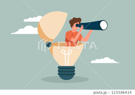 Businessman open lightbulb idea using binoculars to see business vision. Creativity to help see business opportunity, vision to discover new solution or idea, curiosity, searching for success concept. 123586414