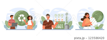 Conscious consumption set. Character with eco-friendly life-style. Conscious consumption set. Character with eco-friendly life-style. 123586420