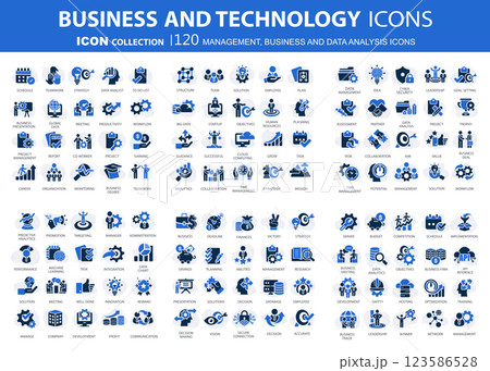 Business, data analysis, organization management and technology icon set. Teamwork, strategy, planning, marketing, cloud technology, data analysis, employee icon set. Icons vector collection Business, data analysis, organization management and technology icon set. Teamwork, strategy, planning, marketing, cloud technology, data analysis, employee icon set. Icons vector collection 123586528