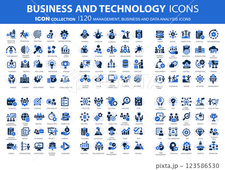 Business, data analysis, organization management and technology icon set. Teamwork, strategy, planning, marketing, cloud technology, data analysis, employee icon set. Icons vector collection 123586530