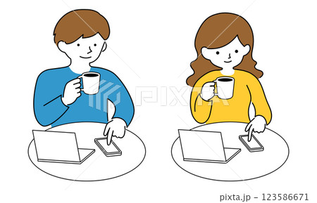 スマホをタップしながらコーヒーを飲む男女のイラスト 123586671