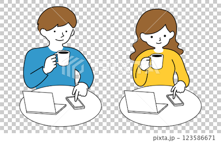 スマホをタップしながらコーヒーを飲む男女のイラスト 123586671