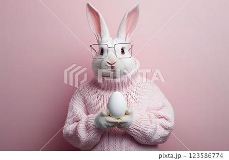 Happy Easter concept with fashionable Easter bunny holding an egg, copy space Happy Easter concept with fashionable Easter bunny holding an egg, copy space 123586774