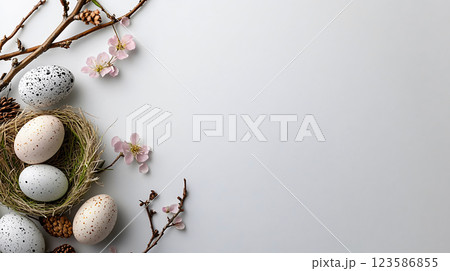 Easter background with pastel speckled eggs and spring flowers, Happy Easter concept Easter background with pastel speckled eggs and spring flowers, Happy Easter concept 123586855