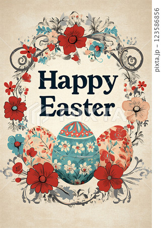 Vintage Easter greeting card featuring floral patterns and decorated eggs in an antique aesthetic, Happy Easter concept Vintage Easter greeting card featuring floral patterns and decorated eggs in an antique aesthetic, Happy Easter concept 123586856