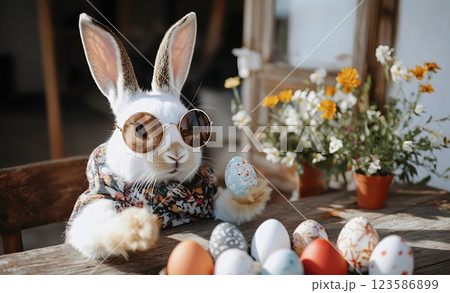 Close-up side angle of a stylish Easter Bunny with sunglasses arranging colorful Easter eggs, Happy Easter concept 123586899