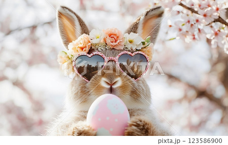 Adorable Easter bunny with floral sunglasses and pastel egg, Happy Easter concept 123586900