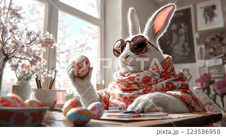 Stylish Easter bunny painting eggs in spring-themed interior, Happy Easter concept Stylish Easter bunny painting eggs in spring-themed interior, Happy Easter concept 123586958