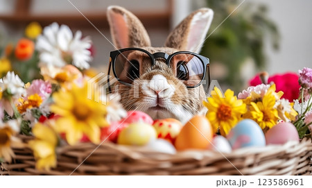 Slight high-angle view of a charming Easter Bunny in a flower basket with pastel eggs, Happy Easter concept 123586961
