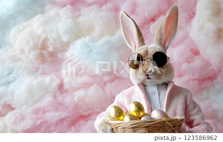 Happy Easter Bunny concept in Pink Jacket with Golden and Pastel Eggs on a Cloud-Like Backdrop with 123586962