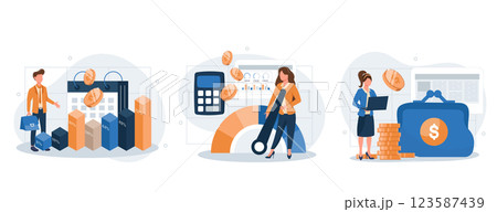 Cost optimization concept set. Idea of financial and marketing strategy. Cost and income balance. Spending and cost reduction, while maximizing business value. Isolated flat illustration vector Cost optimization concept set. Idea of financial and marketing strategy. Cost and income balance. Spending and cost reduction, while maximizing business value. Isolated flat illustration vector 123587439