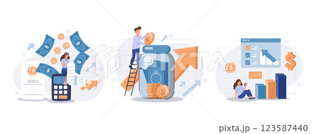 Cost optimization concept set. Idea of financial and marketing strategy. Cost and income balance. Spending and cost reduction, while maximizing business value. Isolated flat illustration vector Cost optimization concept set. Idea of financial and marketing strategy. Cost and income balance. Spending and cost reduction, while maximizing business value. Isolated flat illustration vector 123587440