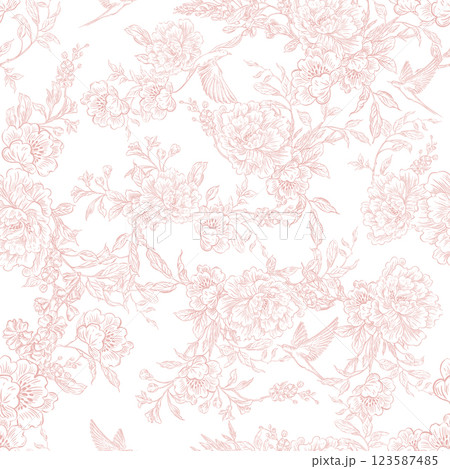Graphic seamless pattern with flowers and birds. Illustration Graphic seamless pattern with flowers and birds. Illustration 123587485