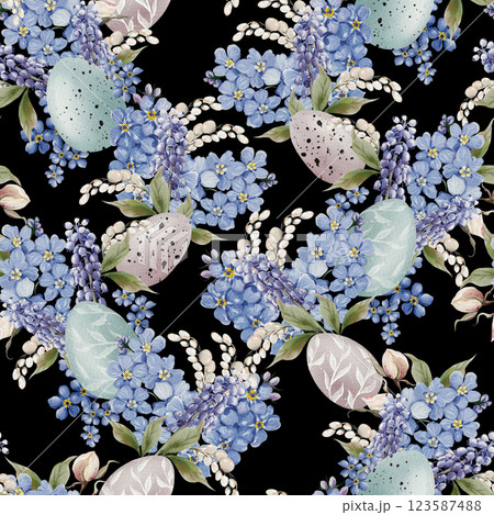 Easter seamless pattern with flowers in tender colors. Watercolor vintage style. 123587488