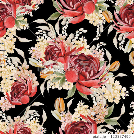 Easter seamless pattern with flowers in tender colors. Watercolor vintage style. Easter seamless pattern with flowers in tender colors. Watercolor vintage style. 123587490