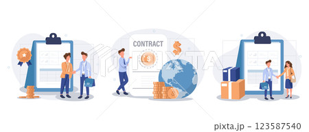 Electronic contract, sales contract terms, standard for quality control, payment terms and conditions, certification abstract metaphor. Business agreement abstract concept vector illustration set. 123587540