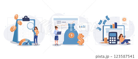 Cost optimization concept set. Idea of financial and marketing strategy. Cost and income balance. Spending and cost reduction, while maximizing business value. Isolated flat illustration vector 123587541