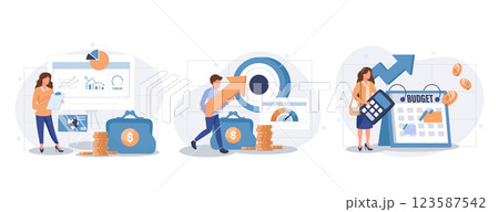 Cost optimization concept set. Idea of financial and marketing strategy. Cost and income balance. Spending and cost reduction, while maximizing business value. Isolated flat illustration vector 123587542