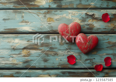 Two weathered red hearts rest on a rustic blue wooden surface, accompanied by scattered rose petals, evoking vintage romance. 123587585