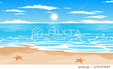 Tropical blue sea and a sand beach, vector background.	 123587697