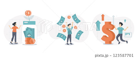 Cost optimization concept set. Idea of financial and marketing strategy. Cost and income balance. Spending and cost reduction, while maximizing business value. Isolated flat illustration vector 123587701