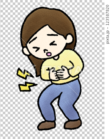 お腹をおさえる女性の手描きイラスト お腹をおさえる女性の手描きイラスト 123587820