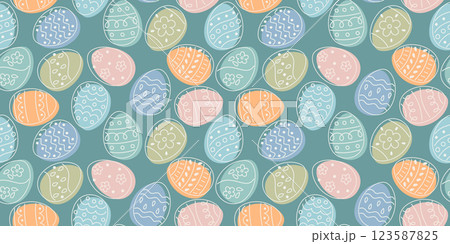 Festive Easter seamless pattern. Seamless background with decorative eggs. Cute spring pattern for fabric, wallpaper, gift wrap, banners, cards Festive Easter seamless pattern. Seamless background with decorative eggs. Cute spring pattern for fabric, wallpaper, gift wrap, banners, cards 123587825