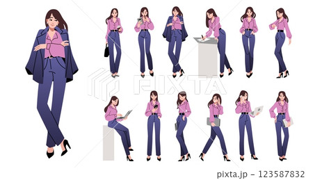 Business woman. Office people character. Happy young businesswoman. Standing or walking person. Working female. Formal clothing. Girl holding laptop or document. Vector different poses set 123587832
