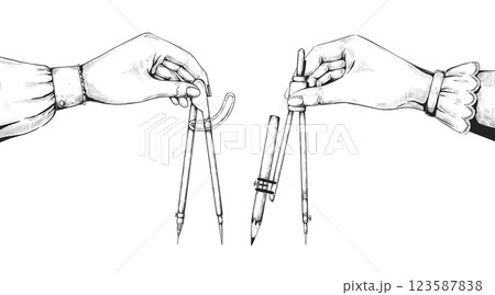 Compass drawing. Architect hand. Old engraving tool. Female arm holding stationery. Retro woman engineering. Vintage designer. Engineers instrument. Drafting accessory vector sketch 123587838