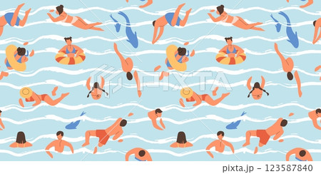 Beach pattern. Summer swim sea, swimmer people in pool or ocean. Hand drawn retro wave woman. Textile, wrapping paper, wallpaper. Print for fabric. Cartoon flat isolated vector illustration 123587840