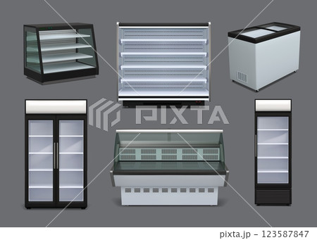 Supermarket freezer. Store shelf display. Empty open chiller. Showcase stand. Grocery market door. Merchandise presentation. 3D refrigerator. Shopping rack. Vector showing furniture set 123587847