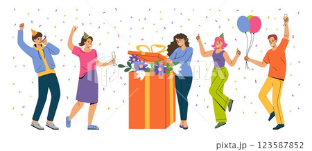 Birthday people. Happy anniversary gift with balloon, confetti. Holiday surprise, woman and man with huge present, team celebration. Vector characters cartoon flat isolated illustration set Birthday people. Happy anniversary gift with balloon, confetti. Holiday surprise, woman and man with huge present, team celebration. Vector characters cartoon flat isolated illustration set 123587852