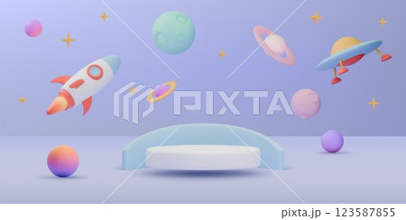 3D toy podium. Blue product space render. Pastel display or science stage. Presentation stand. UFO pedestal area. Childish studio. Galaxy planet. Spaceship rocket. Vector background 123587855