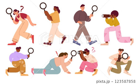 Person search. Investigate job, curious man or woman with glass in hand. Character research for business. Persons holding magnifying. Web elements. Vector cartoon flat isolated illustration set 123587858