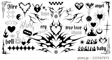 Y2k flame set. Gothic fire heart, girly tribal rave elements with butterfly or acid girly angel tattoo. 90s, 80s style line art aesthetic. Smile and chain. Goth phrases. Vector trendy background 123587871
