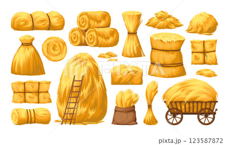 Wheat hay. Haystack isolated set, straw pile or bale field stack, thatch farm cart. Wooden wagon, wheelbarrow and grass. Countryside livestock. Vector cartoon flat bundle isolated illustration 123587872