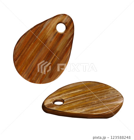 Wooden boards for cooking. Round kitchen boards. Cutting food. Natural wood. Watercolor illustration isolated from background, texture dareva. High quality illustration 123588248