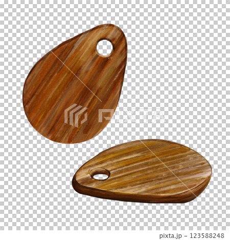 Wooden boards for cooking. Round kitchen boards. Cutting food. Natural wood. Watercolor illustration isolated from background, texture dareva. High quality illustration 123588248