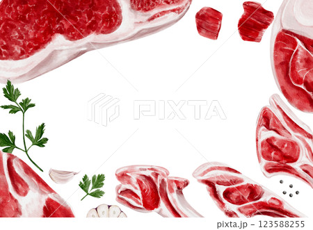Raw meat frame. Beef and lamb. Spices for cooking steak. Red raw fillet and ribs with meat. Fresh lamb. Menu and product list design. For mint shops and steakhouses. High quality illustration 123588255