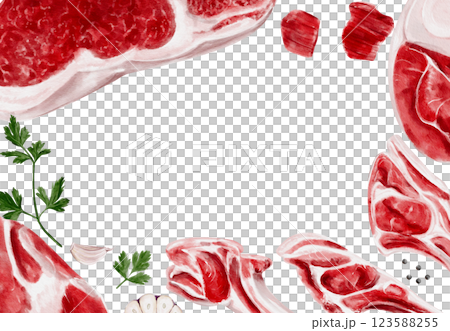 Raw meat frame. Beef and lamb. Spices for cooking steak. Red raw fillet and ribs with meat. Fresh lamb. Menu and product list design. For mint shops and steakhouses. High quality illustration 123588255
