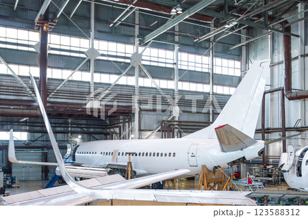 White passenger planes in the airplane hangar. Airliners under maintenance. Checking mechanical systems for flight operations 123588312