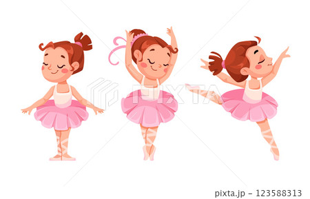 Cute Girl Ballerina in Tutu Skirt and Pointe Shoes Dancing Ballet Vector Set 123588313