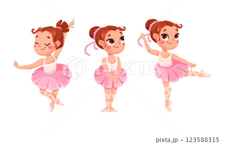 Cute Girl Ballerina in Tutu Skirt and Pointe Shoes Dancing Ballet Vector Set 123588315