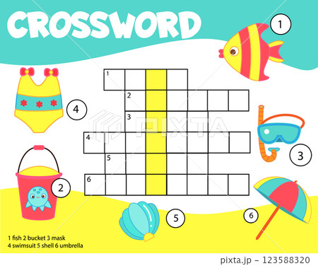 Summer holidays theme crossword for kids and toddlers. Educational game for children. 123588320