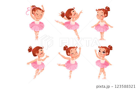 Cute Girl Ballerina in Tutu Skirt and Pointe Shoes Dancing Ballet Vector Set 123588321